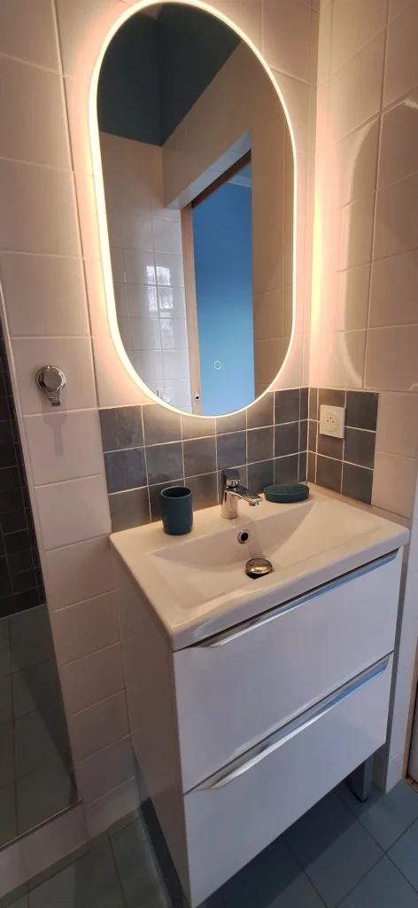 Salle de bain du gîte chambre bleue Hibou à Bacilly